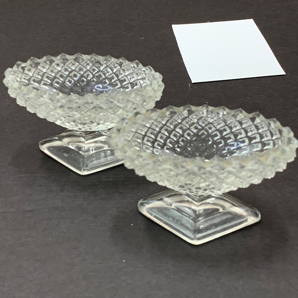 Set of 2 Vintage‎ Pressed Glass Diamond Cut Open Salt Cellar Dishes